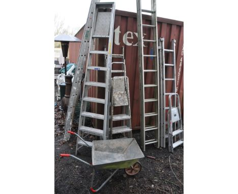 THREE SET OF ALUMINIUM STEP LADDERS AND A GALVANISED WHEEL BARROW the longest set brining 270cm high (4)