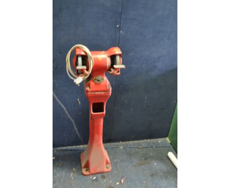 A VINTAGE WOLF TG6.B BENCH GRINDER on cast iron stand total height 106cm (PAT fail due to uninsulated plug but working)