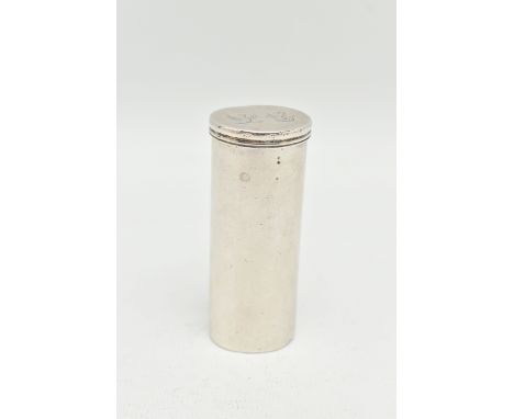 A MID-VICTORIAN SILVER NUTMEG GRATER, cylindrical polished form, hinged cover with engraved crests to the top, hallmarked 'Ch