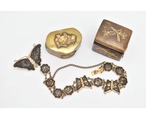 A DAMASCENE BROOCH, AND BRACELET WITH TWO BOXES, damascene butterfly brooch, fitted with a brooch pin, a bracelet designed as