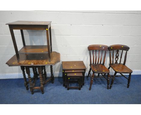 A 20TH CENTURY OAK BARLEY TWIST GATE LEG TABLE, open width 95cm x closed width 35cm x depth 58cm x height 72cm, a two tier tr