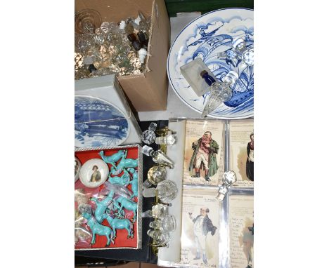 A BOX AND LOOSE GLASS STOPPERS, POSTCARDS AND CERAMICS, to include a collection of crystal, glass and ceramic stoppers from d