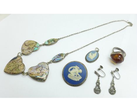 A silver and abalone necklace, a silver and amber ring, P, a Wedgwood pendant and brooch, and a pair of marcasite earrings 