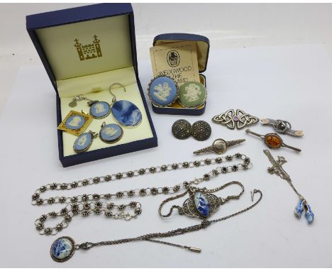 Silver and other jewellery including a silver sports badge by Fattorini and Wedgwood set jewellery, (Victorian silver brooch 