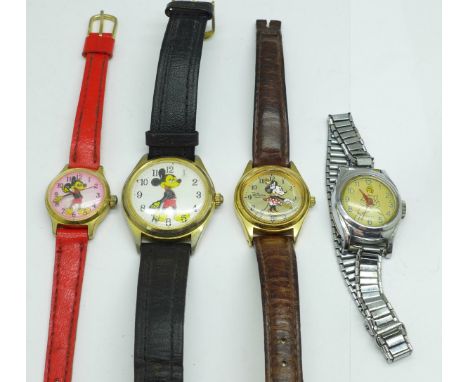 Two Mickey Mouse wristwatches, a Timex Cinderella wristwatch and a Minnie Mouse wristwatch, (4) 