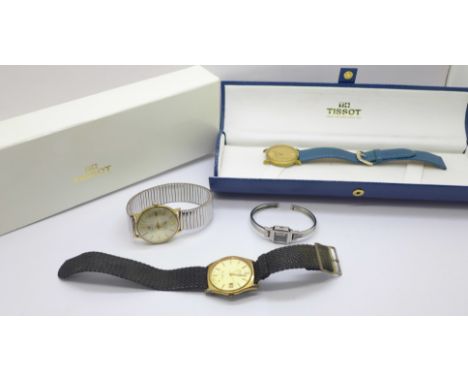 Three wristwatches including two Tissot, and a lady's bangle wristwatch case, no movement 