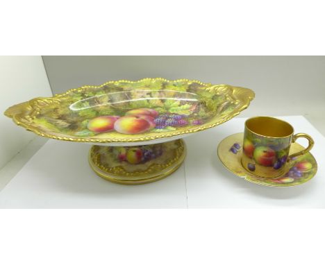 A Royal Worcester pedestal dish, hand decorated with fruit and signed T. Lockyer, (Thomas), 31.5cm, a/f, and a Royal Worceste