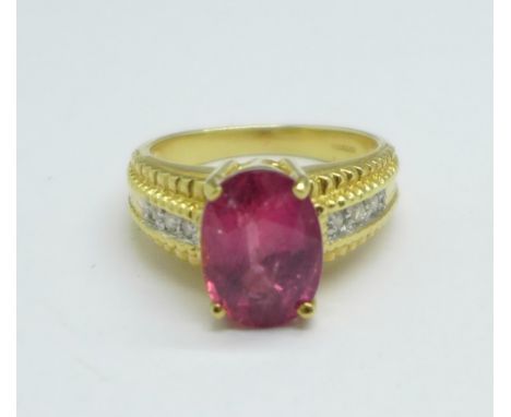 An 18ct gold, ruby and diamond ring, ruby approximately 4carat weight, 7.6g, O 