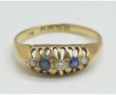 An 18ct gold, sapphire and diamond ring, Chester 1916, 2.6g, N 