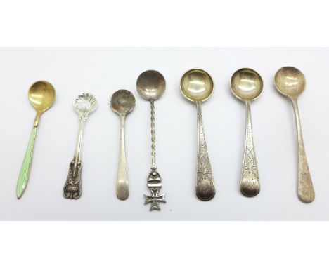 Seven silver salt condiment spoons including one enamelled marked Norway, enamel on bowl a/f, and a Victorian pair