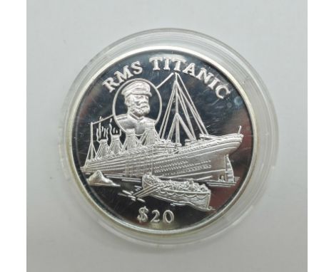 A 1998 Republic of Liberia one ounce fine silver $20 proof coin, RMS Titanic 