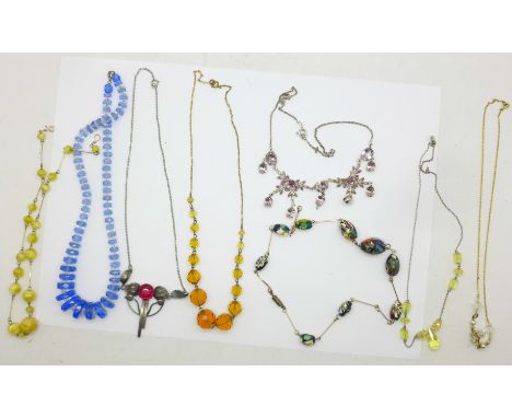 Eight vintage necklaces including Art Deco glass and one Murano 