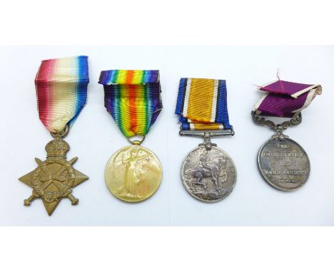 A trio of WWI medals to 11148 Pte. T. Edwards, Liverpool Regt. and a George V For Long Service and Good Conduct Medal to 3757