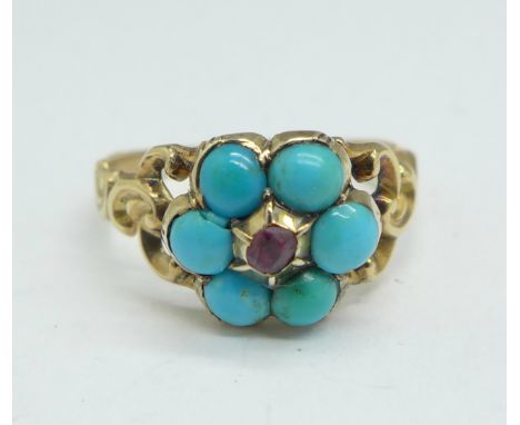 A Victorian turquoise and ruby ring, (tests as high carat gold), 2.2g, N 