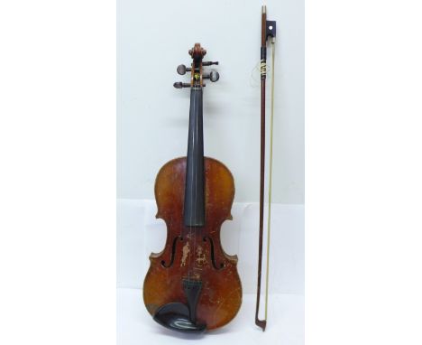 A cased violin, with paper label, Antonius Stradivarius, made in Czechoslovakia, a/f, back 333mm without button 