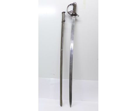 A Spanish cavalry sword and scabbard, the blade marked Ballesteros, de Armas Toledo, H73 AE, scabbard marked H157 