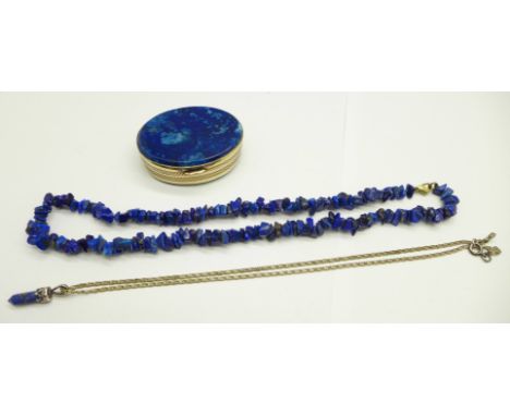 A lapis lazuli mounted metal trim snuff/pill box, a necklace and a pendant with chain 