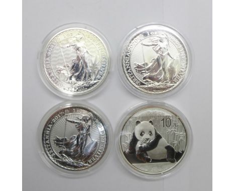 Four 1oz. silver coins, .999 fine silver, three silver Britannia £2 coins, years 2017, 2020 and 2021, and one 10 Yuan Panda c