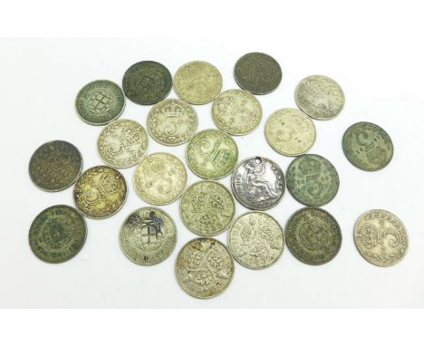 A collection of silver 3d coins, 32g 