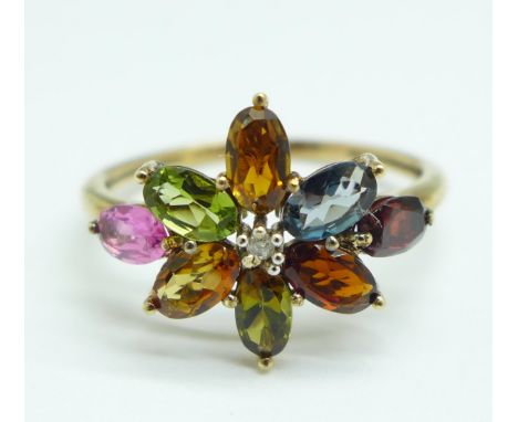 A 9ct gold multi coloured gem-set ring, including tourmalines with a small diamond centre stone, 2.1g, S 