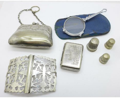 A pair of lorgnettes in a blue case, an Edwardian plated finger purse, a plated nurse's buckle, a snuff box and three thimble