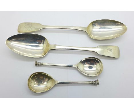 Two 19th Century silver serving spoons and a pair of silver spoons, 194g 