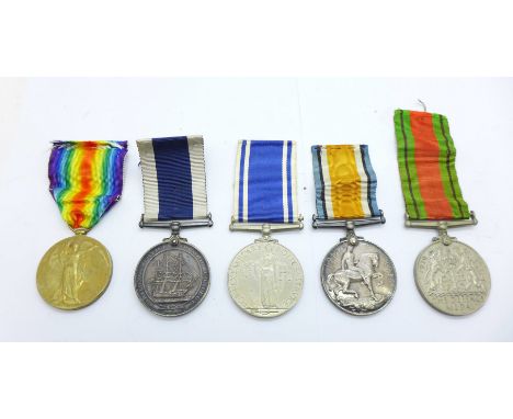 A set of five medals;-a pair of WWI medals and a George V Royal Naval For Long Service and Good Conduct Medal to CH. 16562 Pt