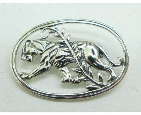A silver tiger brooch, marked Sterling, Denmark, 24mm x 36mm 