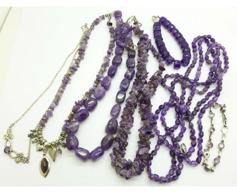 Amethyst jewellery including a silver necklace and bracelet 