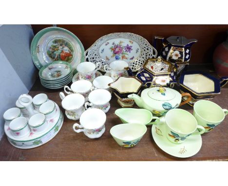 Royal Albert Moss Rose coffee cups and saucers, (7+6), a lustre fruit set, an egg cup stand, a pierced dish, an incomplete Ca