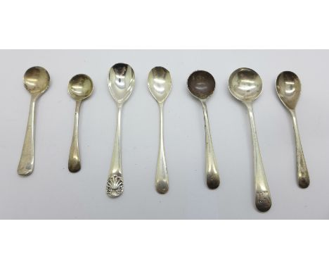 Seven silver salt condiment spoons 