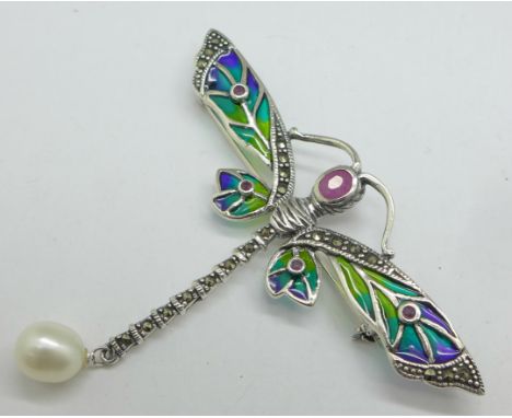 A silver plique-a-jour dragonfly brooch set with ruby and pearl, 55mm x 68mm 