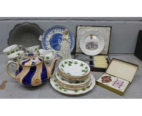 A Colclough six setting tea service, a figure, a teapot, fish knives and forks, etc. **PLEASE NOTE THIS LOT IS NOT ELIGIBLE F