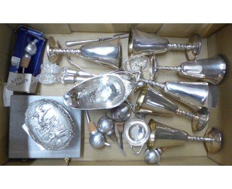 Plated ware including goblets, a heavy jug with bird handle, bottle pourers, etc., (trinket box a/f) **PLEASE NOTE THIS LOT I
