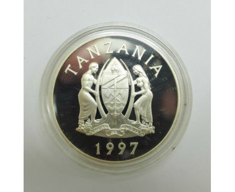A 1997 Tanzania 500 shillings silver proof coin, Queen Mother commemorative, issued by the Royal Mint, .925 silver 