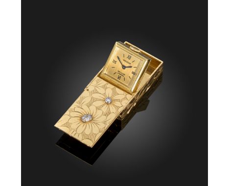 A diamond-set gold travel clock by Jaeger LeCoultre for Van Cleef &amp; Arpels, the rectangular gold case with foliate engrav