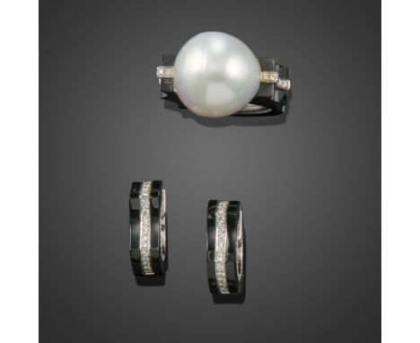 A cultured pearl, diamond and onyx ring with matching earrings, each formed with carved onyx and set with lines of round bril