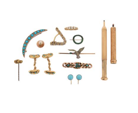 Various items of jewellery, including a George III green paste-set circular brooch, a pair of 19th century turquoise and seed