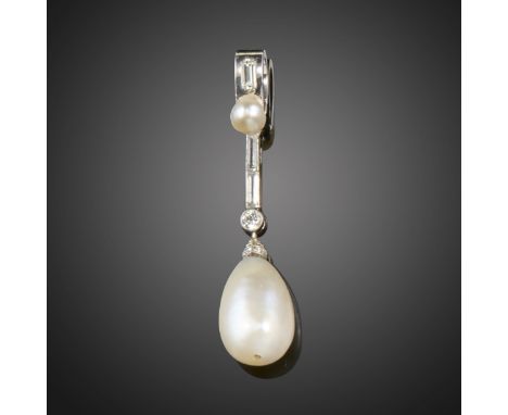 A natural pearl and diamond pendant, the natural pearl with a rose-cut diamond-set cap, suspending from an articulated line o