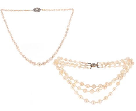 A three-row cultured pearl choker necklace, the graduated cultured pearls measure 4 - 9mm diameter, each separated by a seed 