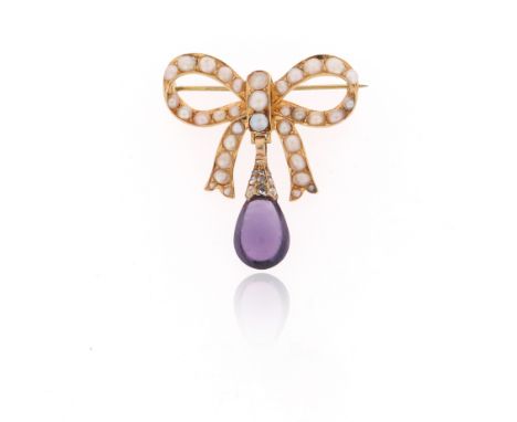 An Edwardian seed pearl-set gold bow brooch, suspending a pear-shaped cabochon amethyst and rose-cut diamond pendant, 4cm wid