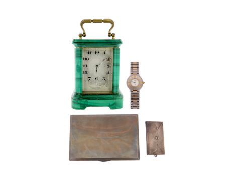 A malachite-mounted small carriage clock, (damaged) 7.3cm high, a silver rectangular cigarette case with engine-turned patter