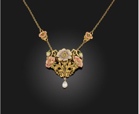 An Art Nouveau pearl and diamond-set gold brooch pendant, the foliate scroll pendant with anenome flowers with polychrome ena