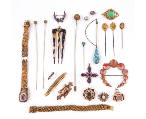 A small collection of mostly 19th century jewellery, including a 15ct gold hinged bangle, the top navette section set with a 