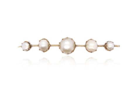 A natural pearl-set gold bar brooch, set with five graduated natural pearls in gold, 6.5cm wide Accompanied by report number 