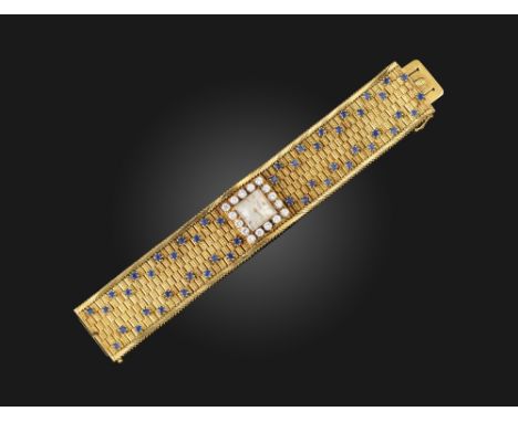 A lady's sapphire and diamond-set gold bracelet watch by Patek Philippe, c.1950's, the signed square dial with gold baton num