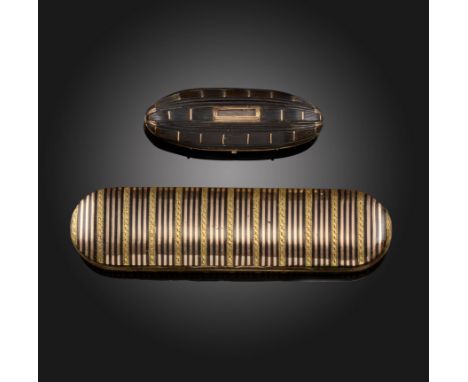 λ&nbsp;Two late 18th century gold-mounted boxes, the first long oval-shaped patch box with base and hinged cover with striped