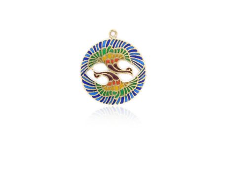 A French plique-a-jour enamel gold pendant, designed as two mirrored peacocks with polychrome plique-a-jour enamel decoration