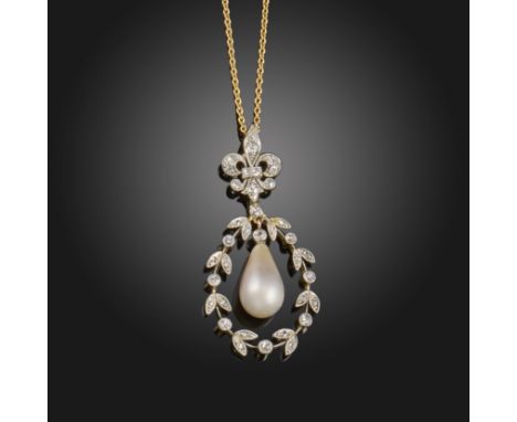 An Edwardian natural pearl and diamond pendant, the natural pearl suspends from a oval wreath set with old circular and rose-