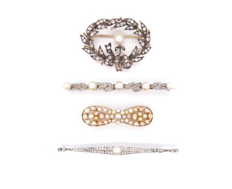 Four items of pearl and cultured pearl-set jewellery, including a bar brooch alternately-set with five pearls (untested, poss